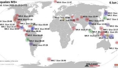 Worldwide earthquakes above magnitude 3 during the past 24 hours on  6 Jun 2025