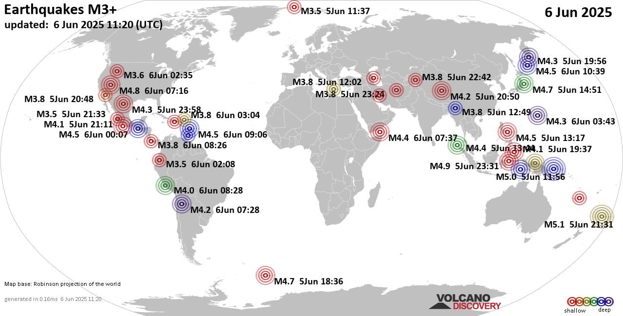 Worldwide earthquakes above magnitude 3 during the past 24 hours on  6 Jun 2025