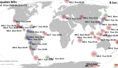 Worldwide earthquakes above magnitude 3 during the past 24 hours on  8 Jun 2025