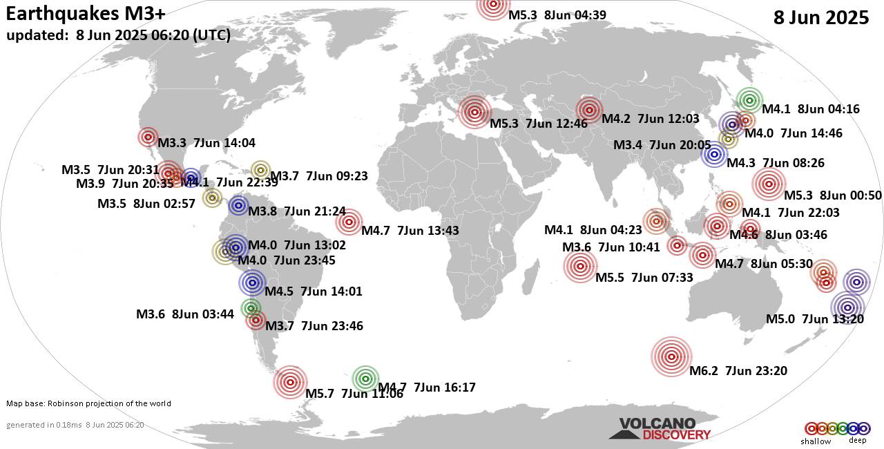 Worldwide earthquakes above magnitude 3 during the past 24 hours on  8 Jun 2025