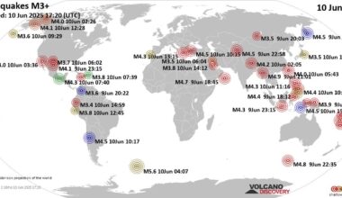 Worldwide earthquakes above magnitude 3 during the past 24 hours on 10 Jun 2025