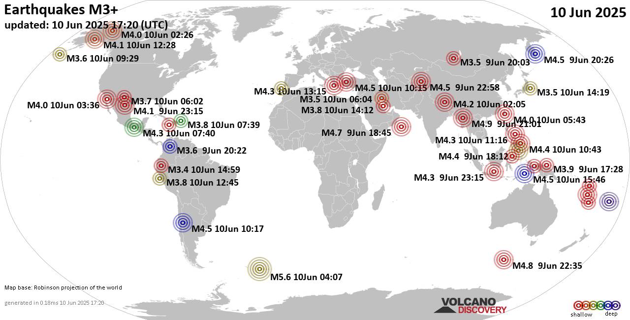 Worldwide earthquakes above magnitude 3 during the past 24 hours on 10 Jun 2025