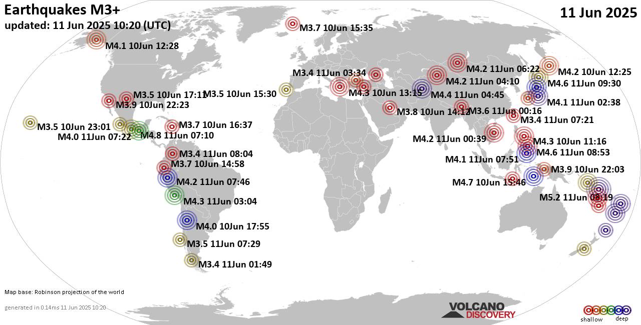 Worldwide earthquakes above magnitude 3 during the past 24 hours on 11 Jun 2025