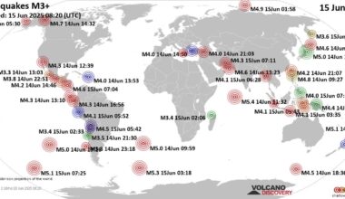 Worldwide earthquakes above magnitude 3 during the past 24 hours on 15 Jun 2025
