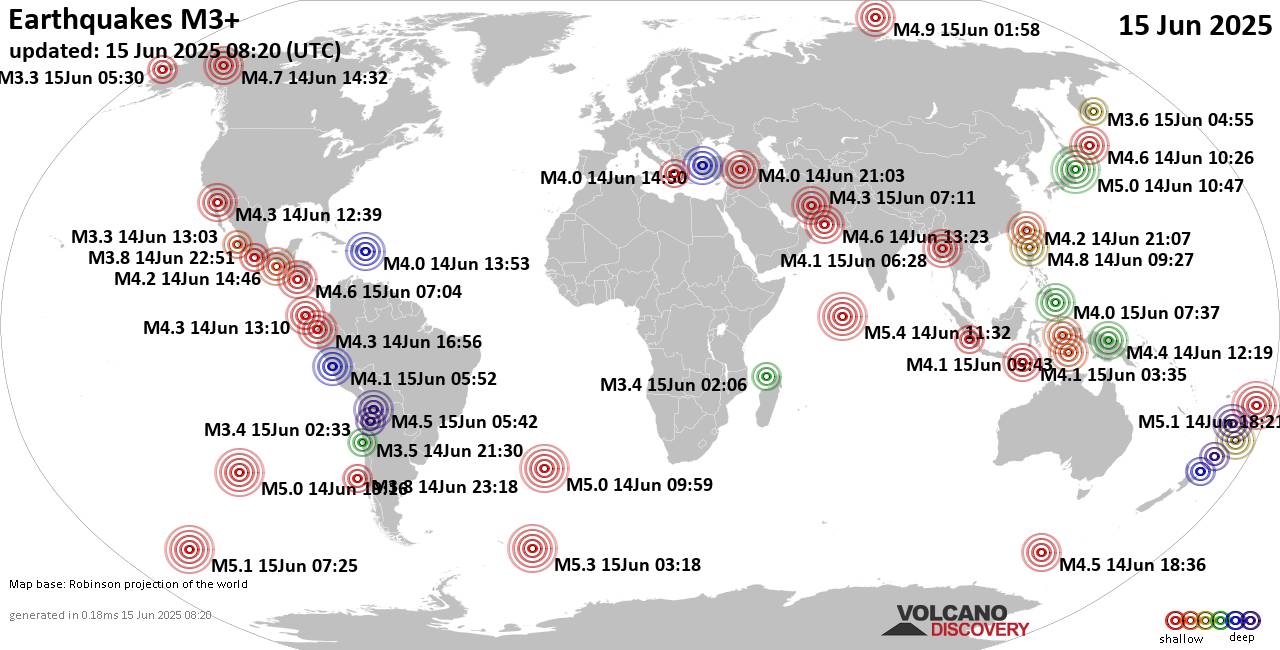 Worldwide earthquakes above magnitude 3 during the past 24 hours on 15 Jun 2025