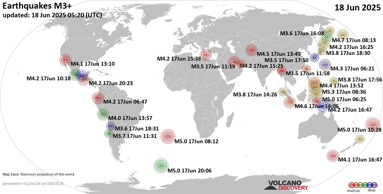 Worldwide earthquakes above magnitude 3 during the past 24 hours on 18 Jun 2025