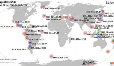 Worldwide earthquakes above magnitude 3 during the past 24 hours on 21 Jun 2025