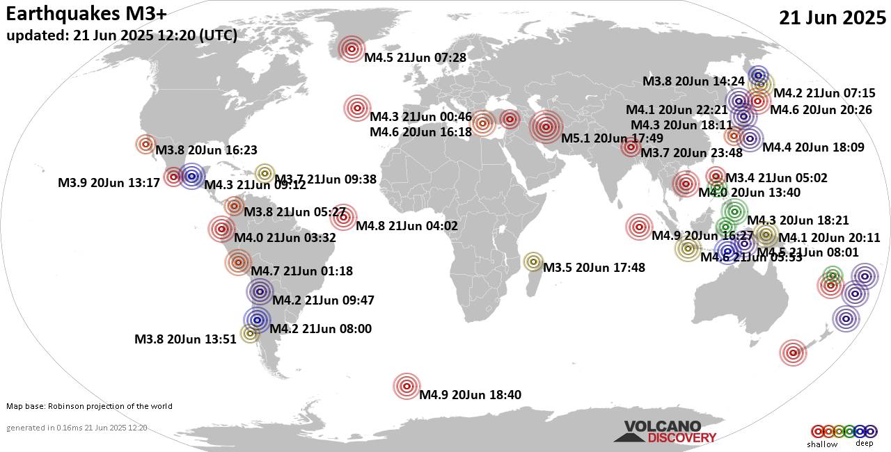 Worldwide earthquakes above magnitude 3 during the past 24 hours on 21 Jun 2025