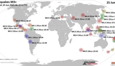 Worldwide earthquakes above magnitude 3 during the past 24 hours on 25 Jun 2025