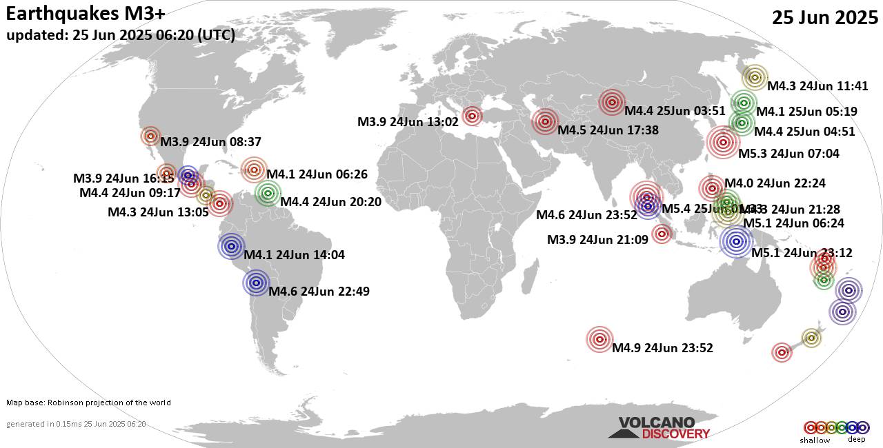 Worldwide earthquakes above magnitude 3 during the past 24 hours on 25 Jun 2025