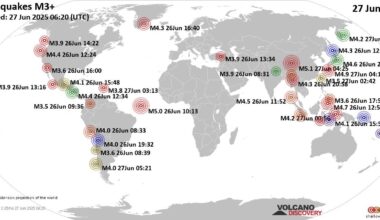 Worldwide earthquakes above magnitude 3 during the past 24 hours on 27 Jun 2025