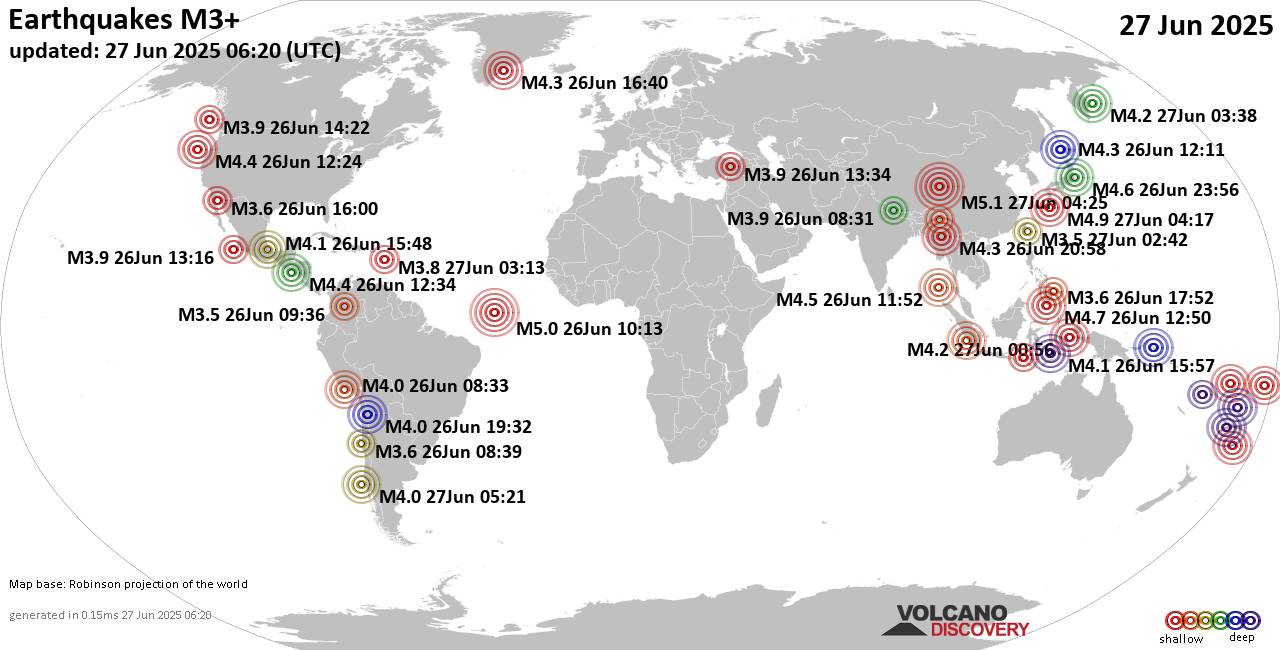 Worldwide earthquakes above magnitude 3 during the past 24 hours on 27 Jun 2025