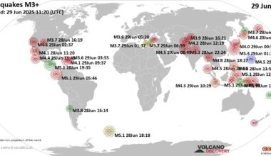 Worldwide earthquakes above magnitude 3 during the past 24 hours on 29 Jun 2025