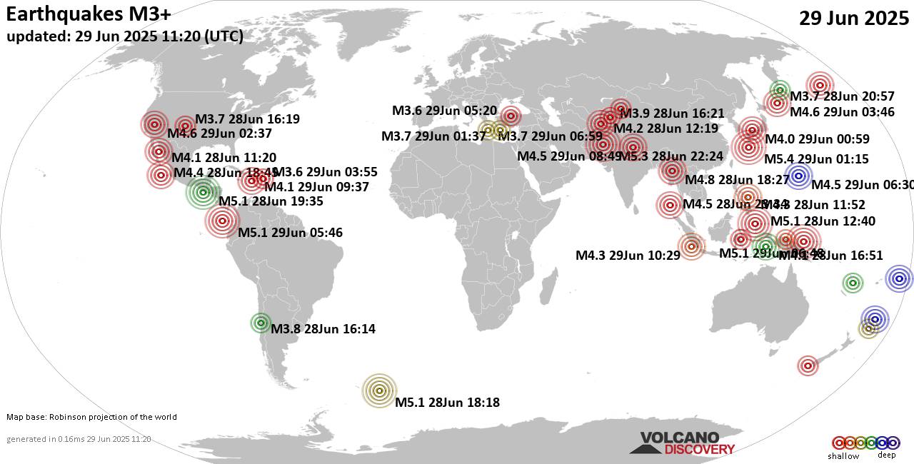 Worldwide earthquakes above magnitude 3 during the past 24 hours on 29 Jun 2025