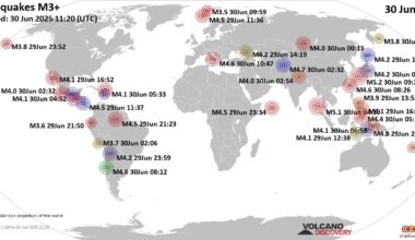 Worldwide earthquakes above magnitude 3 during the past 24 hours on 30 Jun 2025