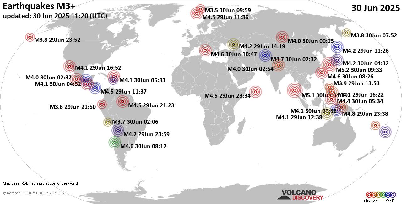 Worldwide earthquakes above magnitude 3 during the past 24 hours on 30 Jun 2025