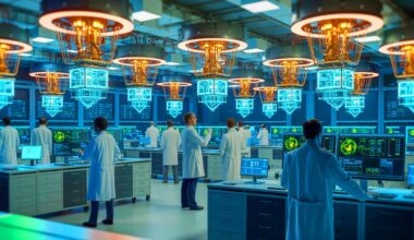 Illustration of a quantum computer setup within a laboratory environment. Image generated by AI.
