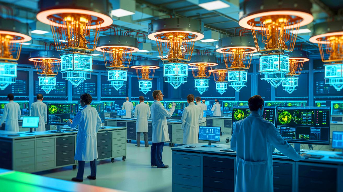 Illustration of a quantum computer setup within a laboratory environment. Image generated by AI.
