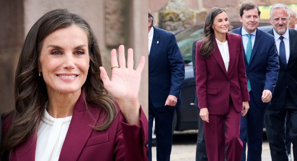 Queen Letizia of Spain Embraces Burgundy Trend in Bleis Madrid Suit
