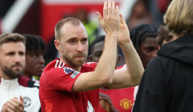 Christian Eriksen applauds the Manchester United fans after his final appearance for the club, against Aston Villa in the Premier League, in May 2025.