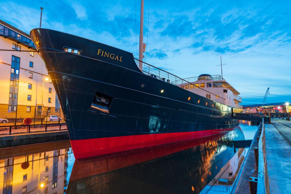 Night view of the Fingal floating hotel in Leith docks, Edinburgh.