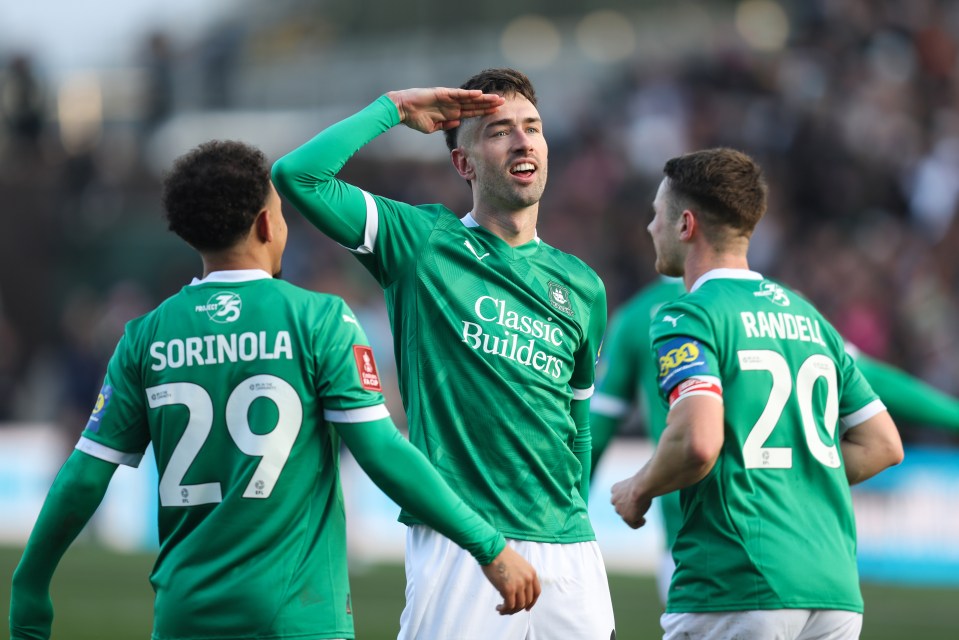 Ryan Hardie of Plymouth Argyle celebrates a goal.