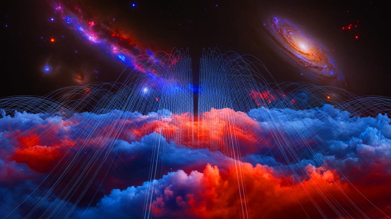Illustration of fast radio bursts mapping the universe's missing ordinary matter. Image generated by AI.