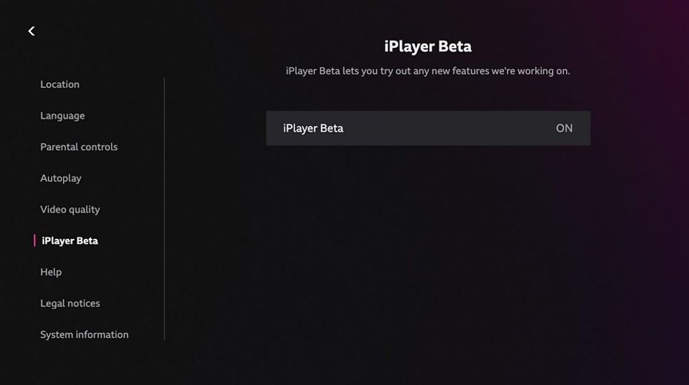 screenshot of the bbc iplayer settings menu with the new beta option enabled