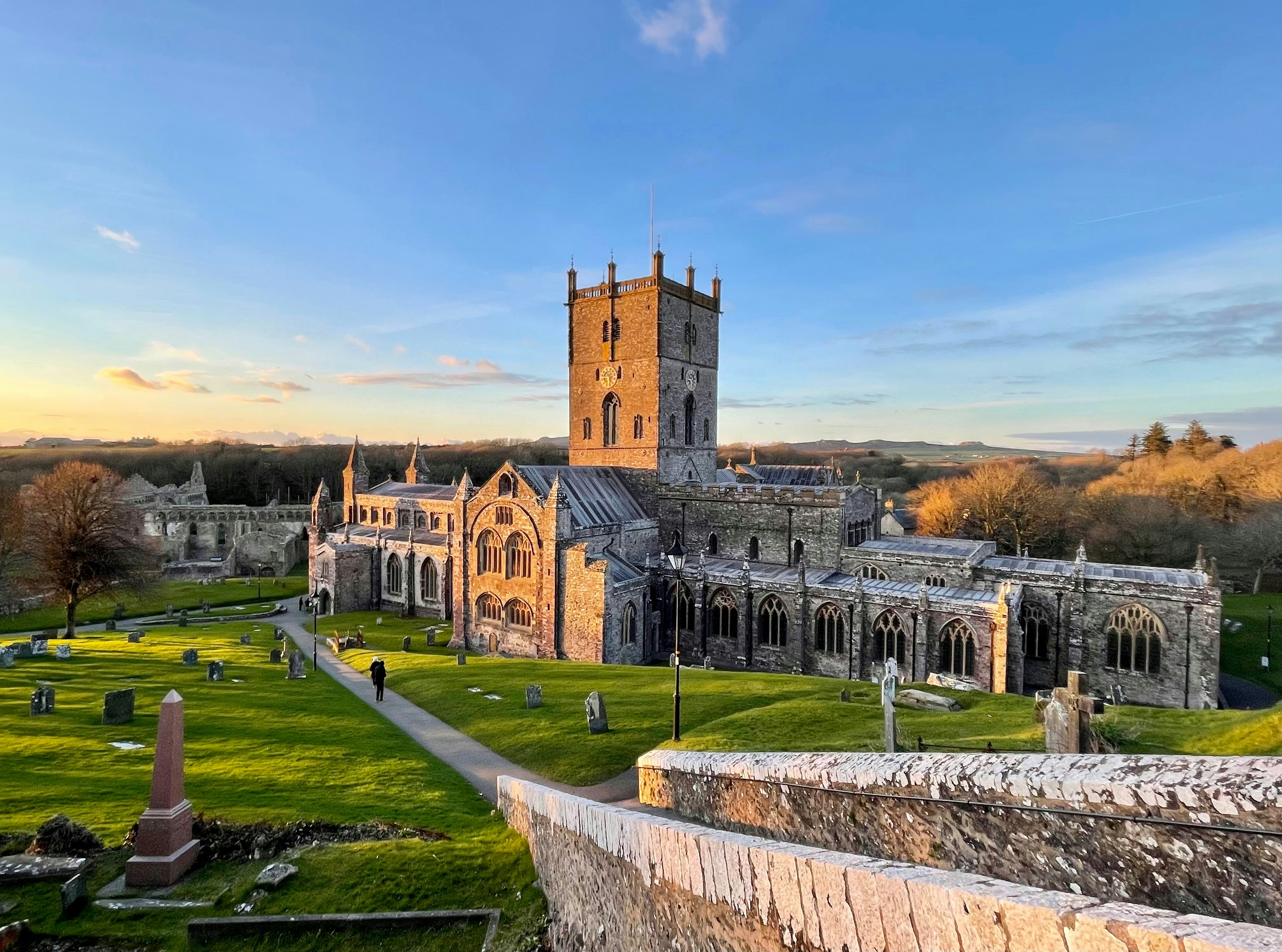 A view over the graveyard at St David’s Cathedral, St Davids, Wales.