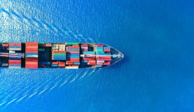 Aerial top view of a ship at sea