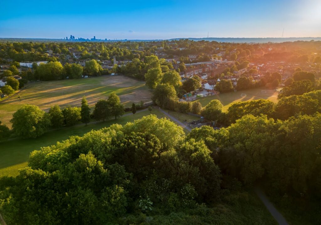 An aerial view across a green space in Bromley at sunset