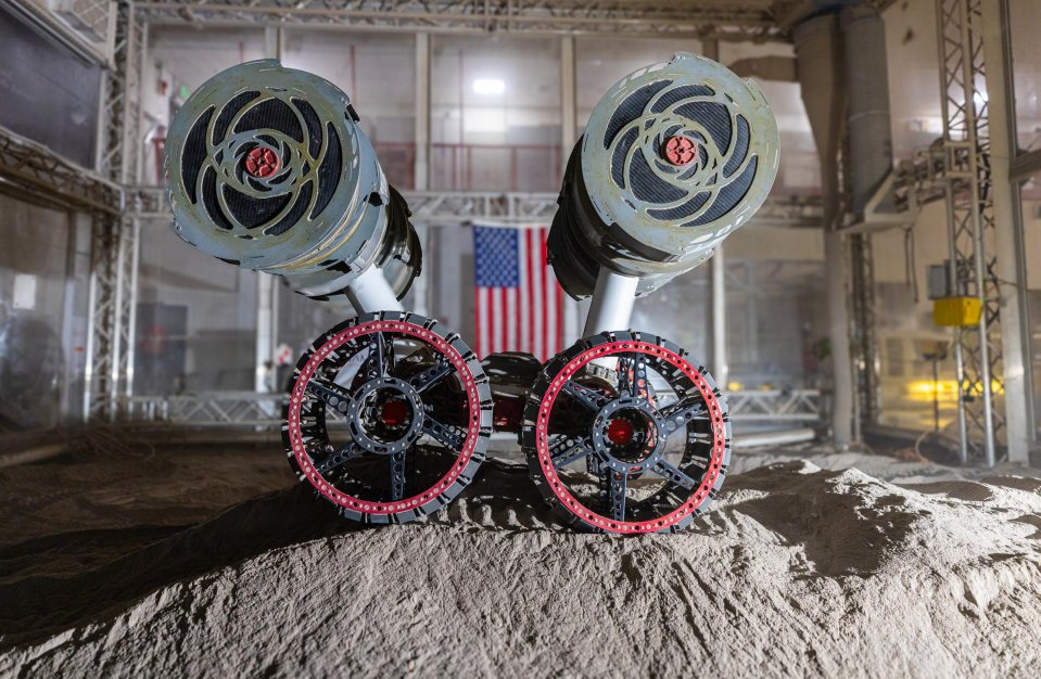 NASA's RASSOR robot excavating simulated lunar regolith.