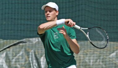 Jannik Sinner practises on Friday at Wimbledon.