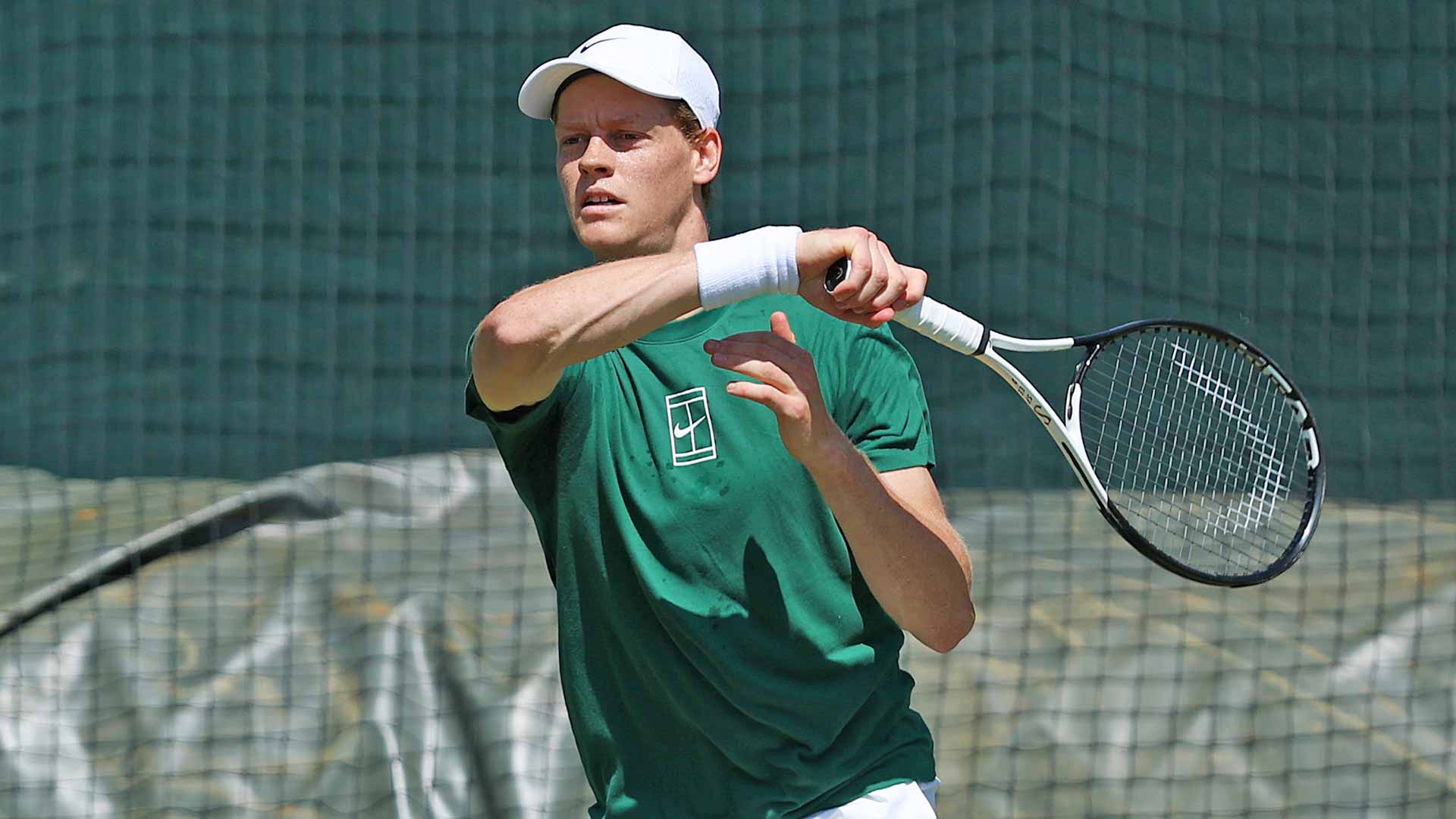 Jannik Sinner practises on Friday at Wimbledon.