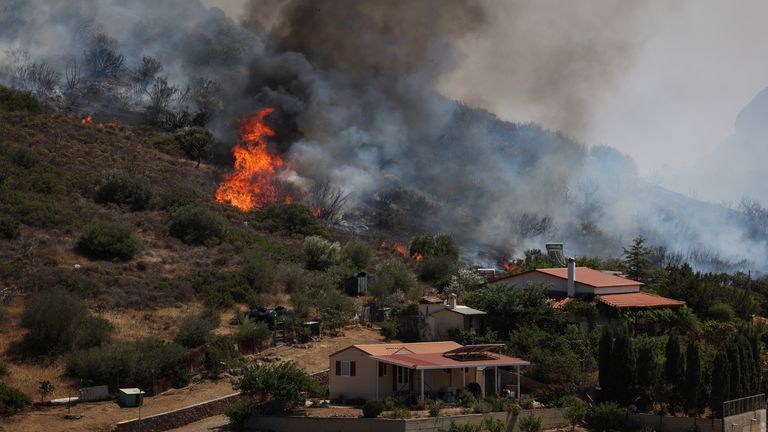 Flames rise above Thymari, near Athens after wildfires broke out on Friday. Pic: Reuters