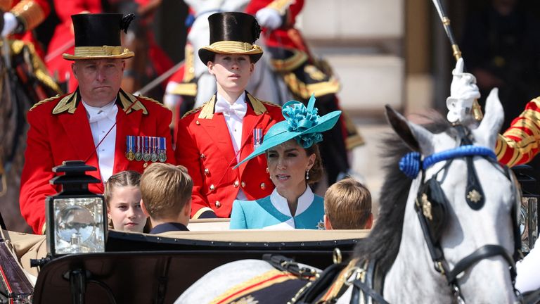 Princess of Wales and her children ride in a carriage, as part of the Trooping the Colour parade. Pic: Reuters
