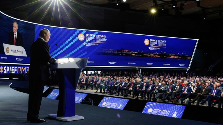 Russian President Vladimir Putin speaks at the St. Petersburg International Econimic Forum. Pic: AP