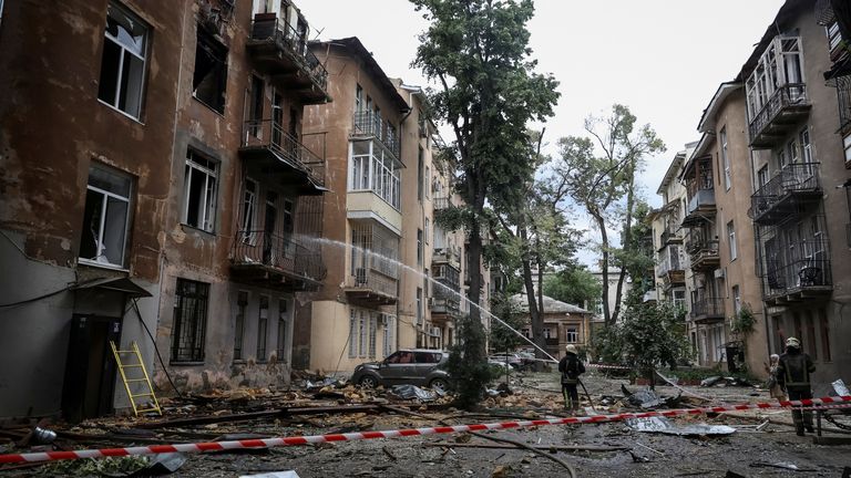 A firefighter works at the site of a Russian drone strike, amid Russia's attack on Ukraine, in Odesa, Ukraine June 20, 2025. REUTERS/Nina Li
