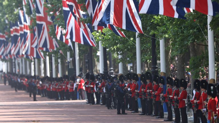 Members of the King's Guard stand on duty along the route. Pic: Reuters