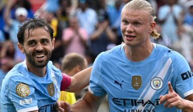 Erling Haaland, right, celebrates with Bernardo Silva after scoring Man City's third goal during the Club World Cup match with Juventus