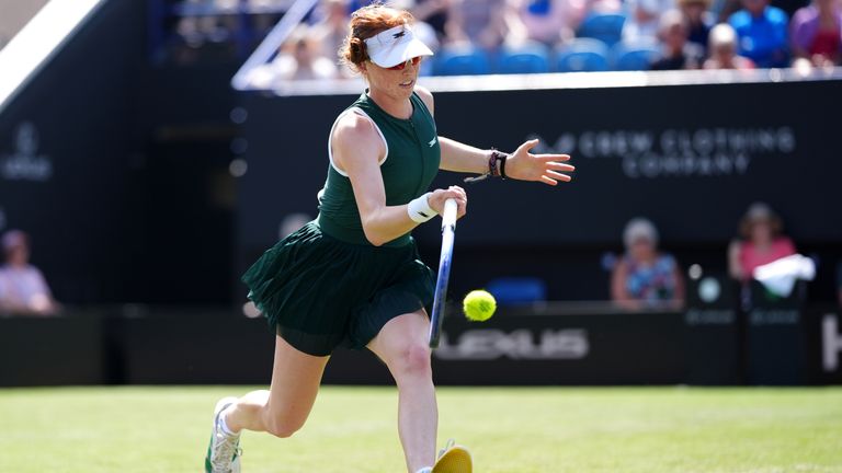 Maya Joint in action against Emma Raducanu during day three of the Lexus Eastbourne Open at Devonshire Park Lawn Tennis Club, Eastbourne. Pi