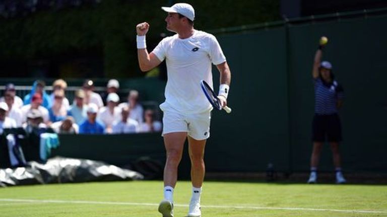 Oliver Crawford reacts during his match against Mattia Bellucci on day one of the 2025 Wimbledon Championships at the All England Lawn Tenni