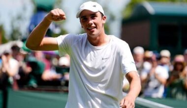 Oliver Tarvet celebrates winning his match against Leandro Riedi on day one of the 2025 Wimbledon Championships at the All England Lawn Tenn