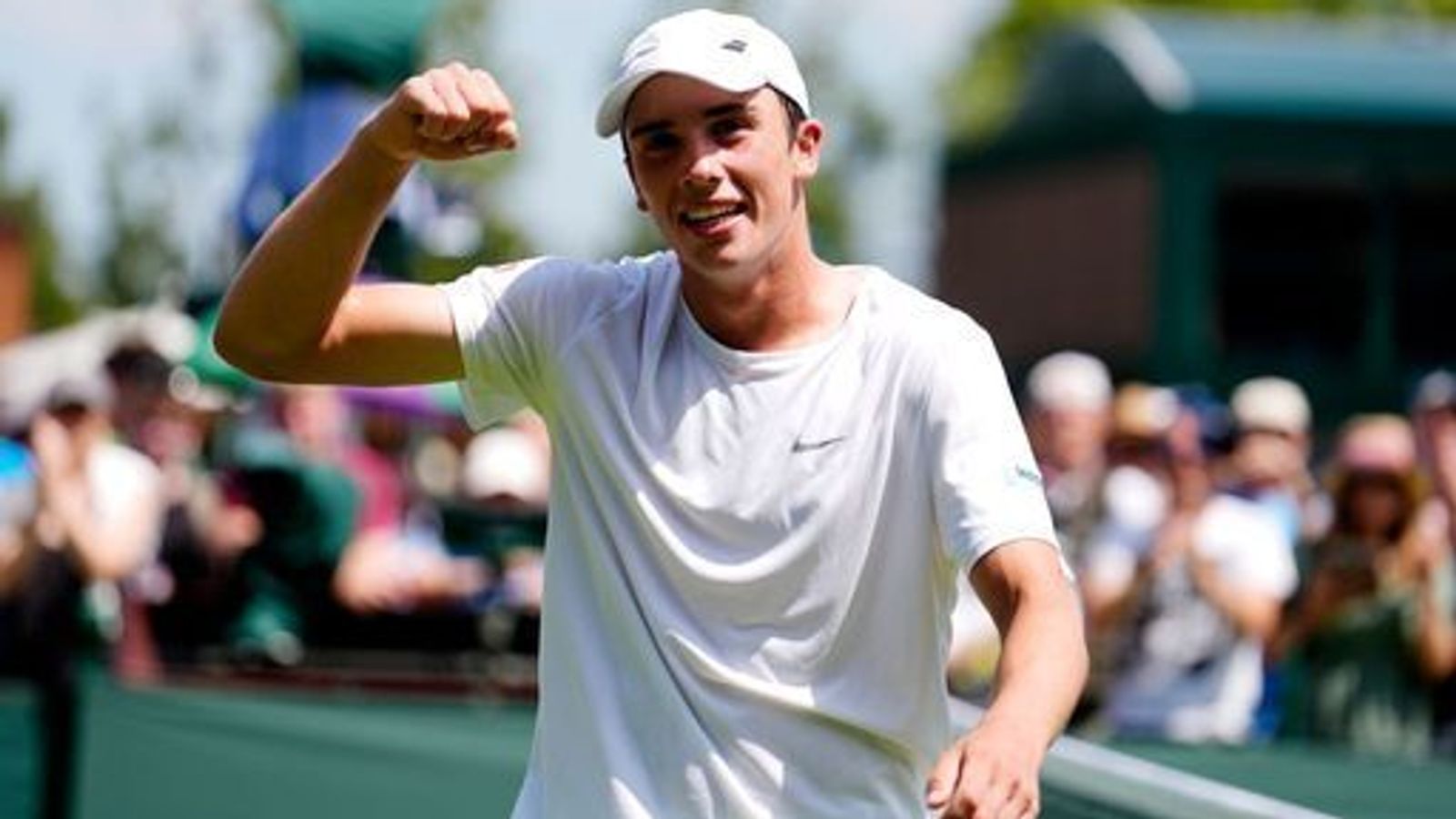 Oliver Tarvet celebrates winning his match against Leandro Riedi on day one of the 2025 Wimbledon Championships at the All England Lawn Tenn