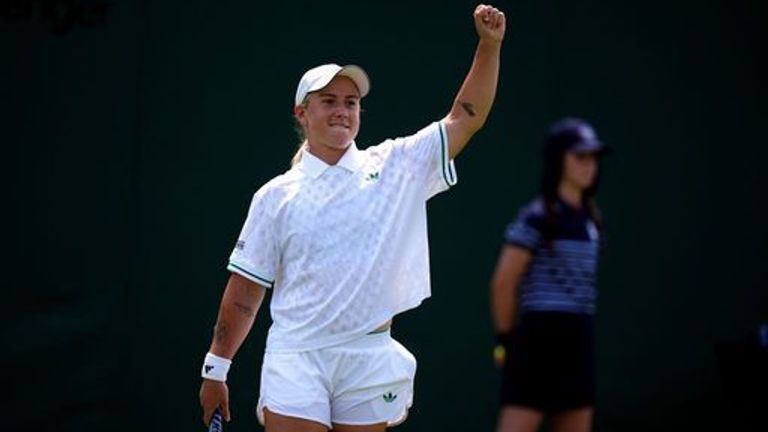 Sonay Kartal celebrates her victory over Jelena Ostapenko on day one of the 2025 Wimbledon Championships at the All England Lawn Tennis and 