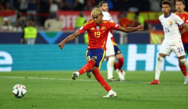 Spain's Lamine Yamal scores their third goal from the penalty spot. Photo: REUTERS/Kai Pfaffenbach