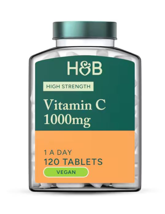 Bottle of H&B High Strength Vitamin C 1000mg tablets (120 tablets, vegan).