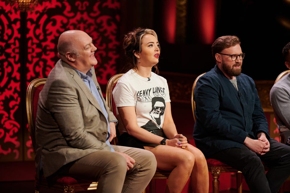 taskmaster series 14 contestants dara obriain, fern brady and john kearns in the studio