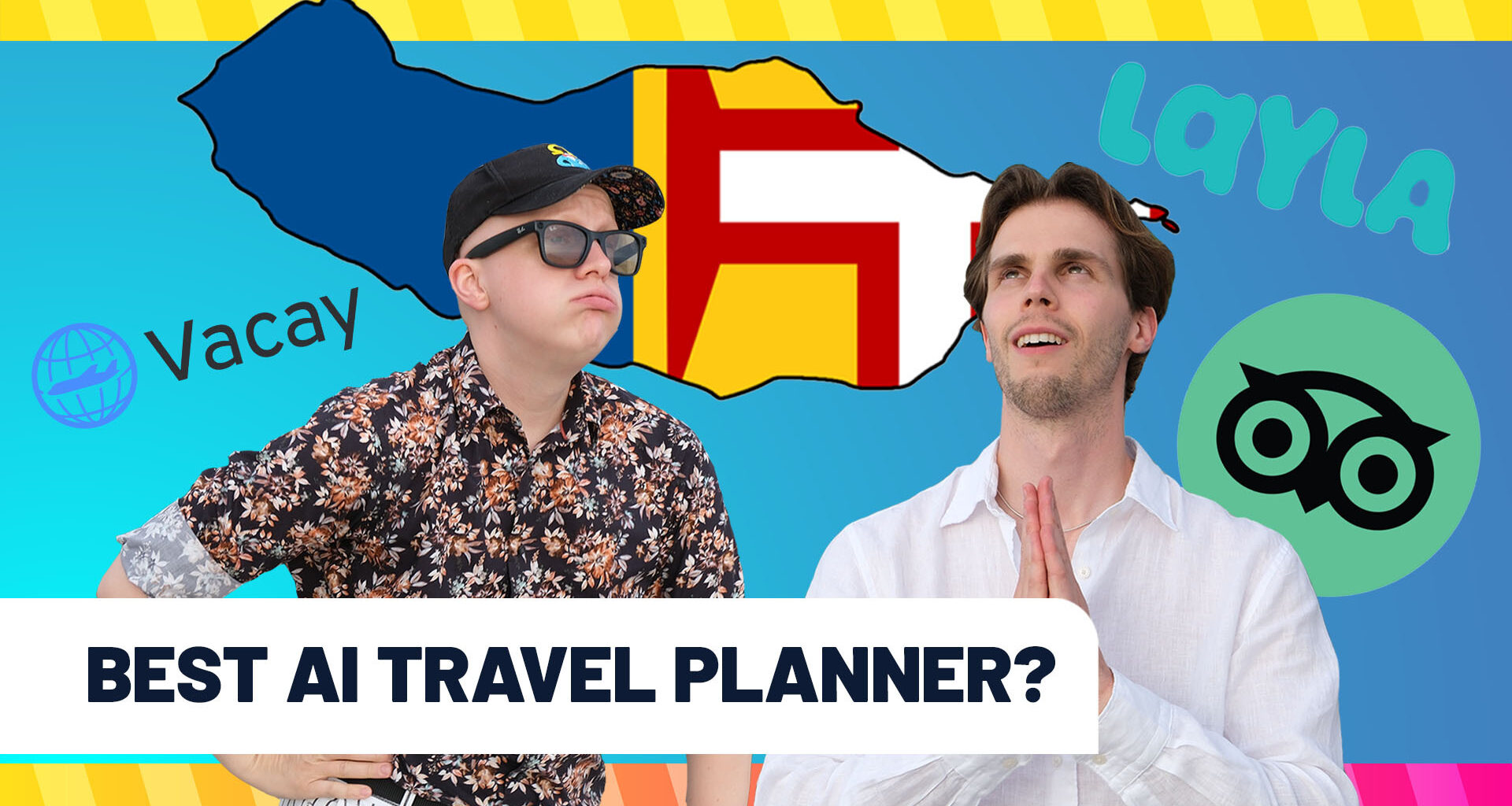 Two men in front of a map of Madeira with logos for different AI travel agents