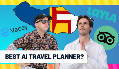 Two men in front of a map of Madeira with logos for different AI travel agents